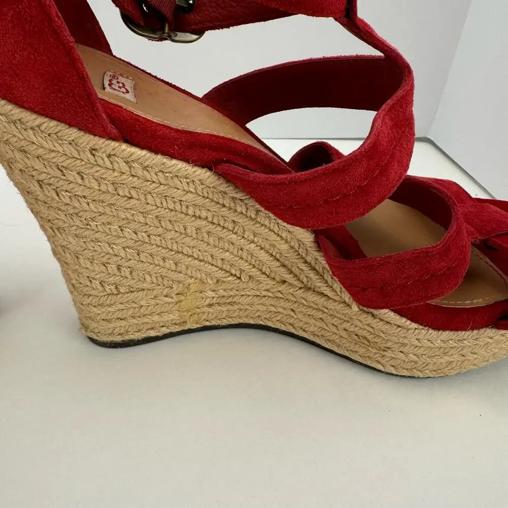 Ugg‎ Red Lauri Suede Leather Espadrille Platform Wedge Sandals Sz 9.5